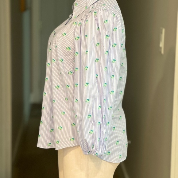 Zara Cotton, Button Down Striped Shirt with Floral Print and Puffy Sleeves - Picture 4 of 10